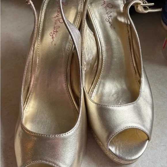 Lily Pulitzer Kristen Peep Toe Gold Wedge Sandals size 10 - Picture 3 of 10